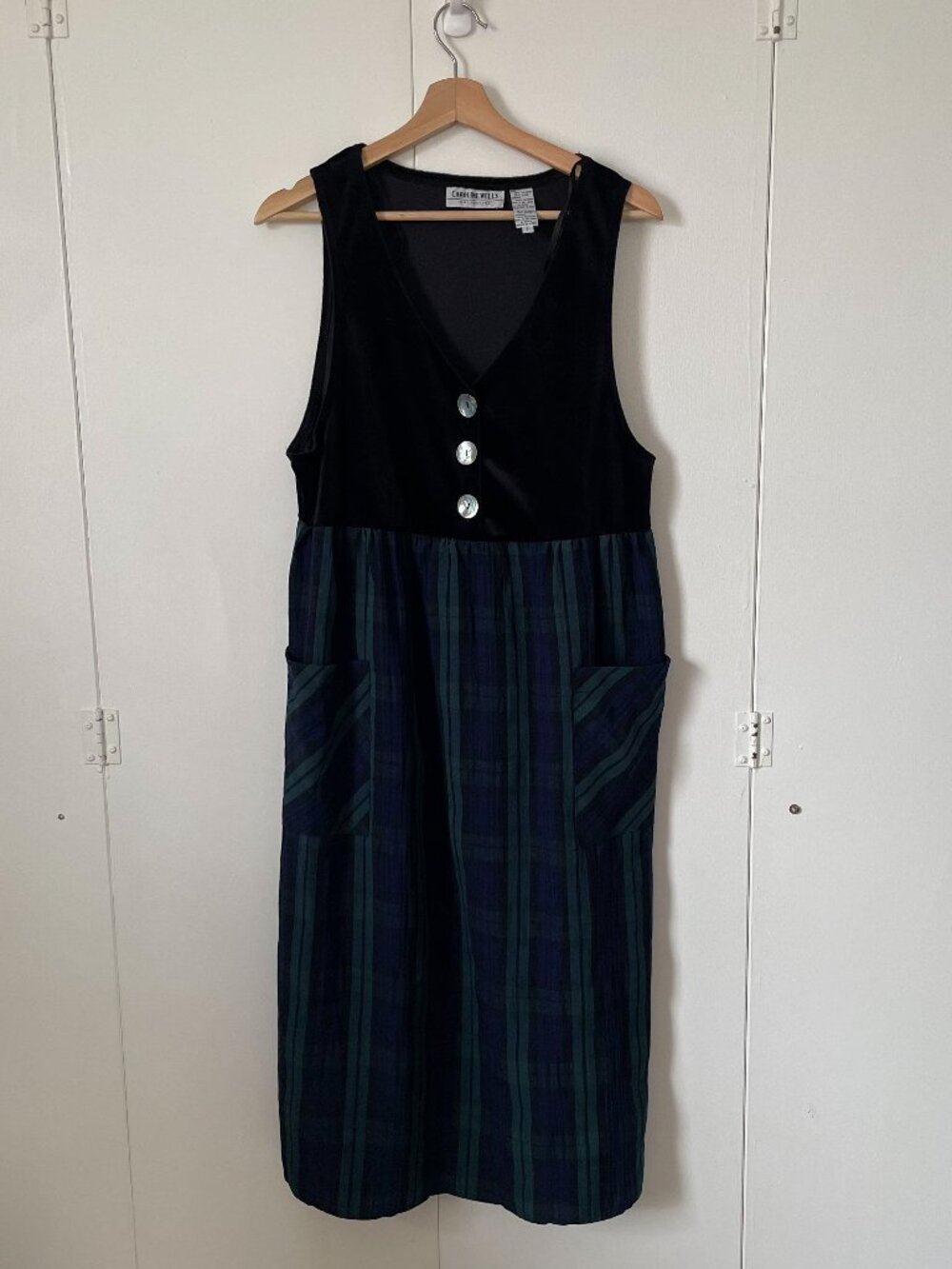 Dark Academia Vintage 90s Caroline Wells Velvet &  Plaid Button Dress, Size 8